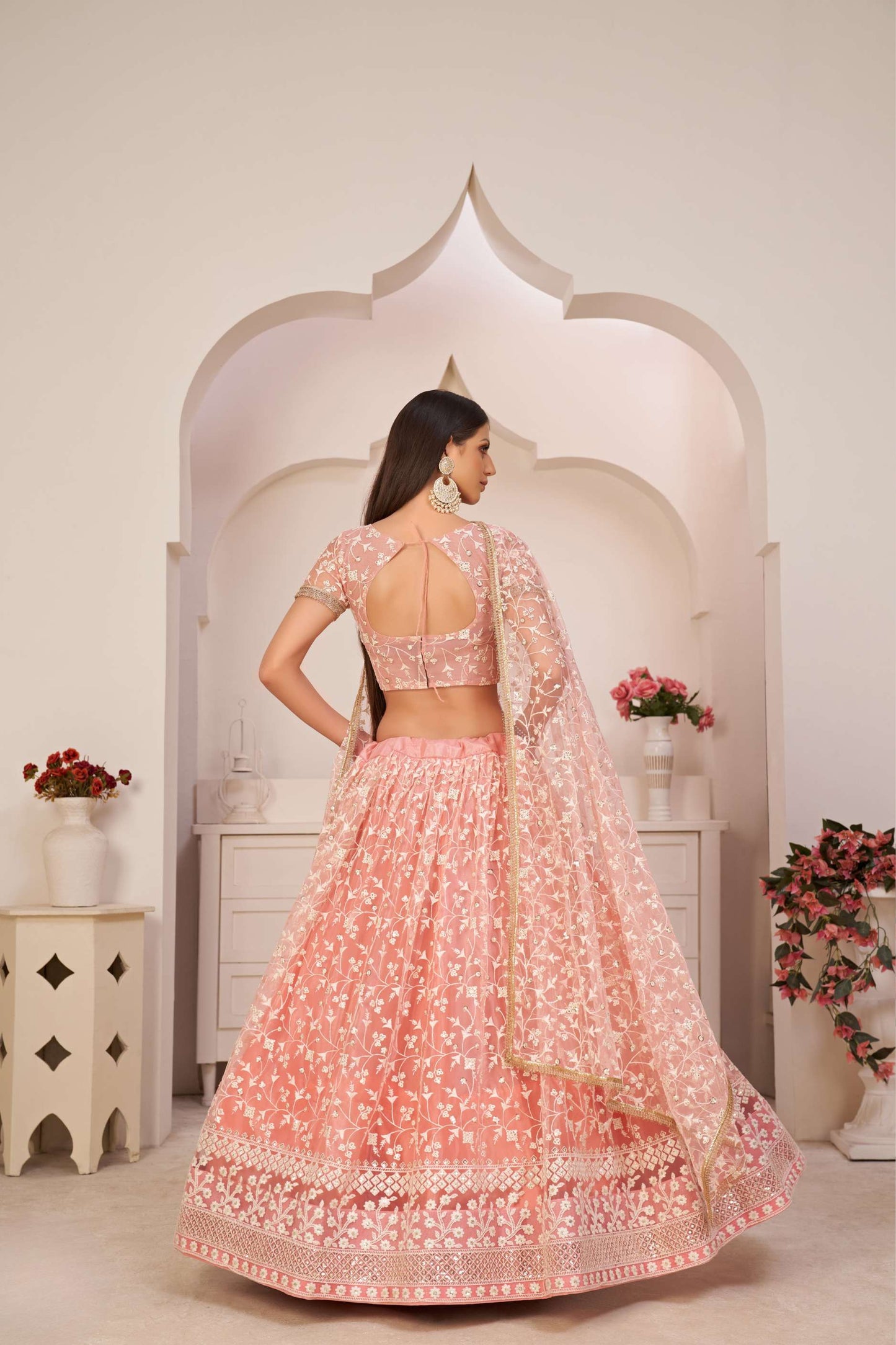 Pink Flared Lehenga Choli with Thread Embroidery