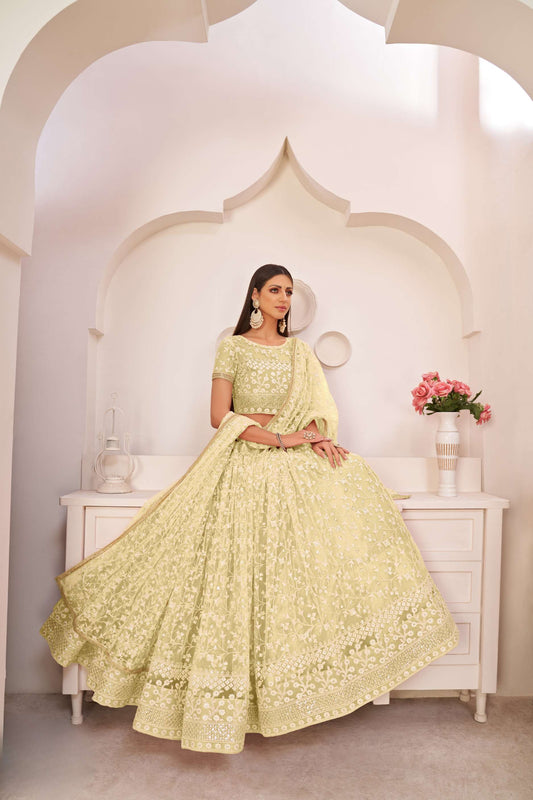 Lemon Yellow Flared Lehenga Choli With Thread Embroidery