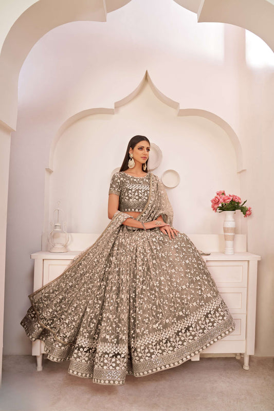 Brown Flared Lehenga Choli with Thread Embroidery