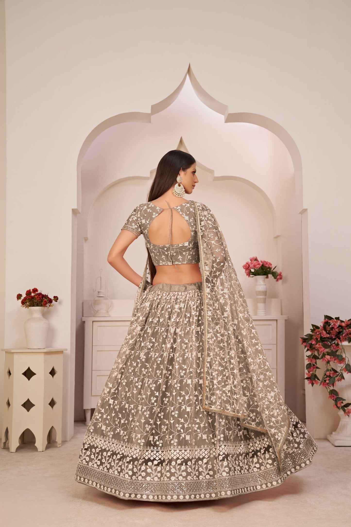 Brown Flared Lehenga Choli with Thread Embroidery
