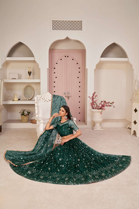 Dark Green Sequined Party wear Lehenga Choli