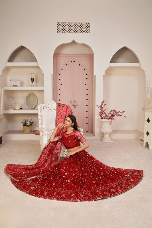 Red Sequins Embellished Lehenga Choli Set