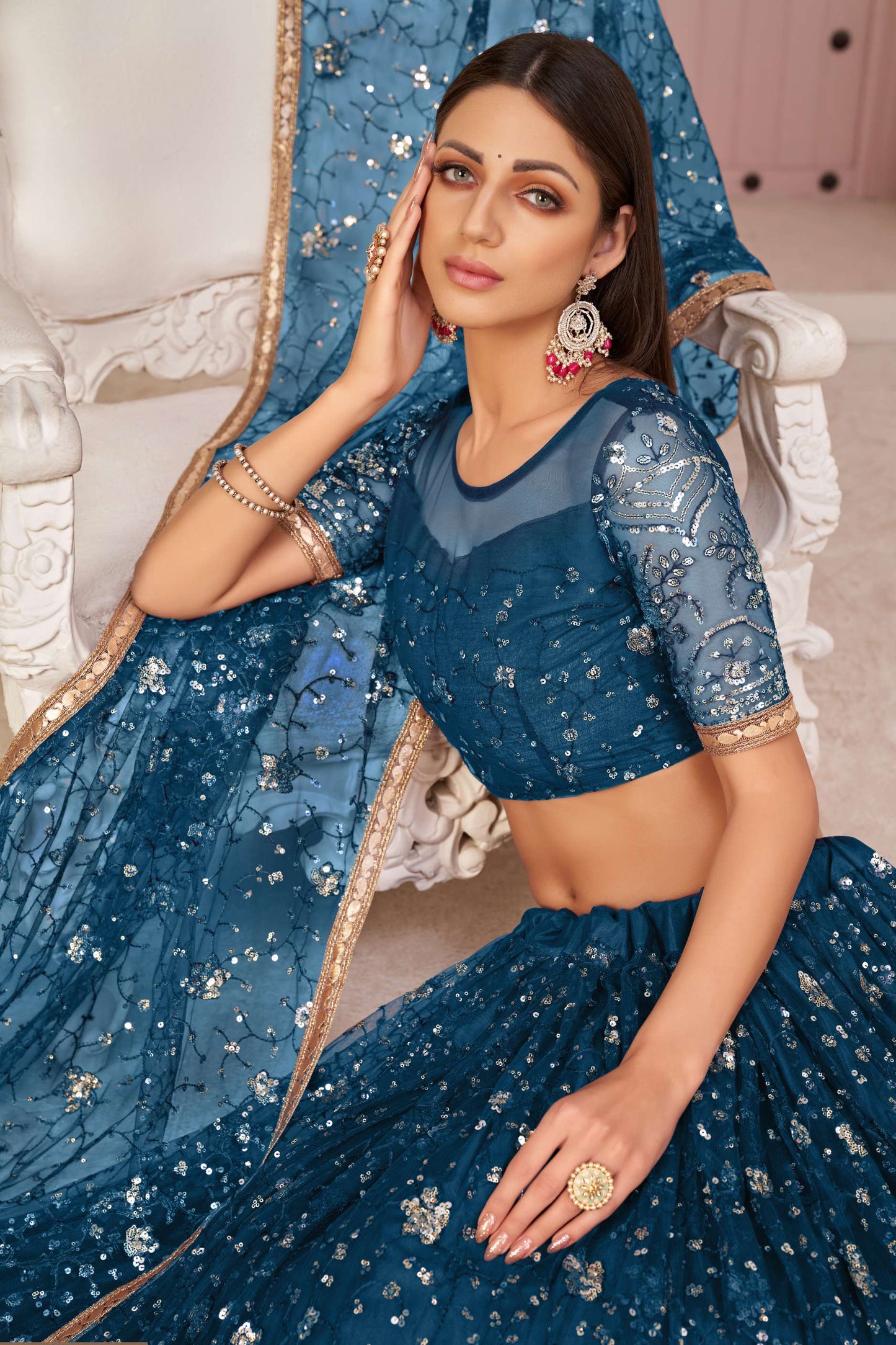 Royal Blue Sequined Lehenga Choli in Net