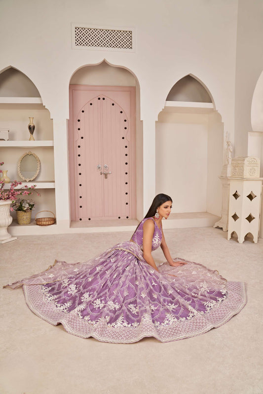 Lavender Embroidered Lehenga & Choli in Net