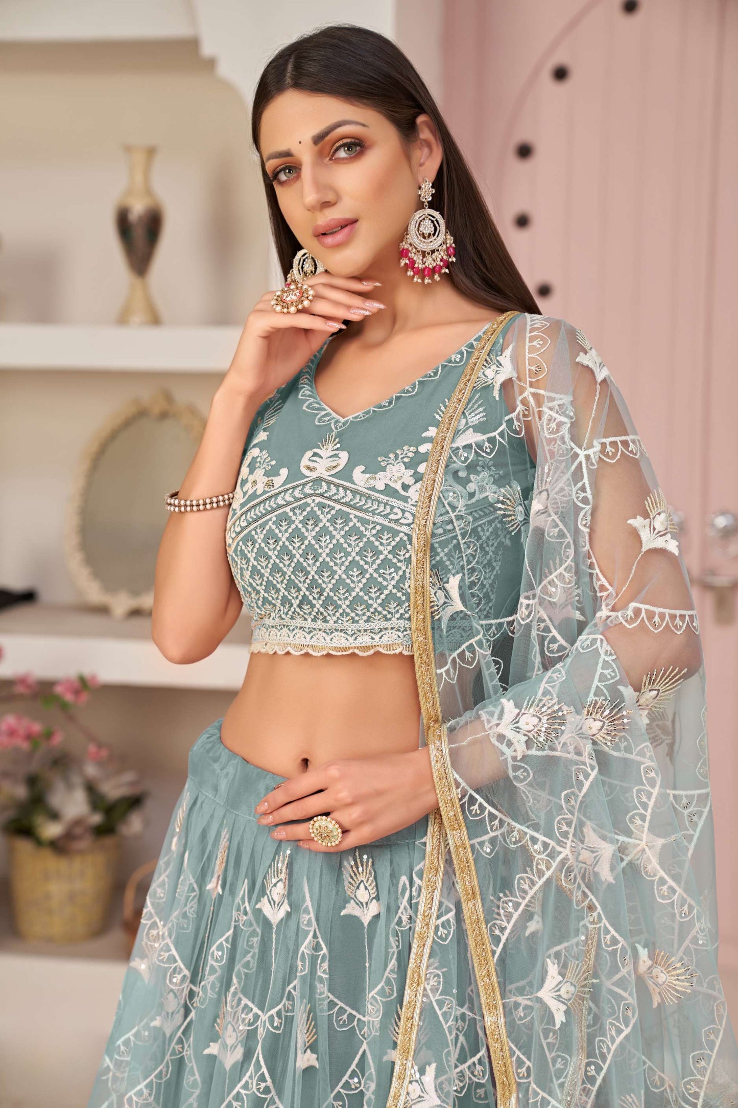 Blue Embroidered Net Lehenga Choli With Dupatta