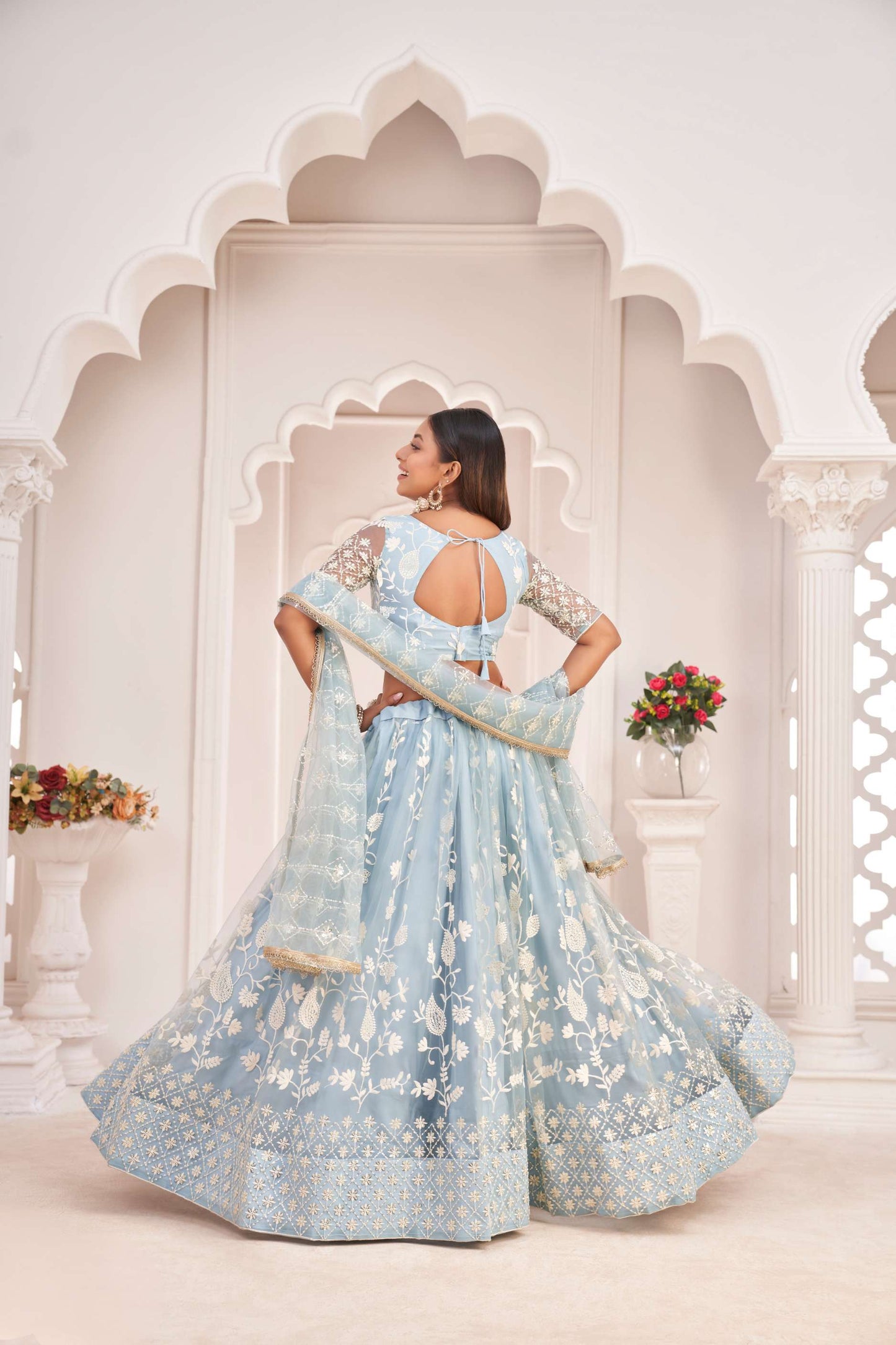 Blue Net Embroidered Lehenga Choli & Dupatta