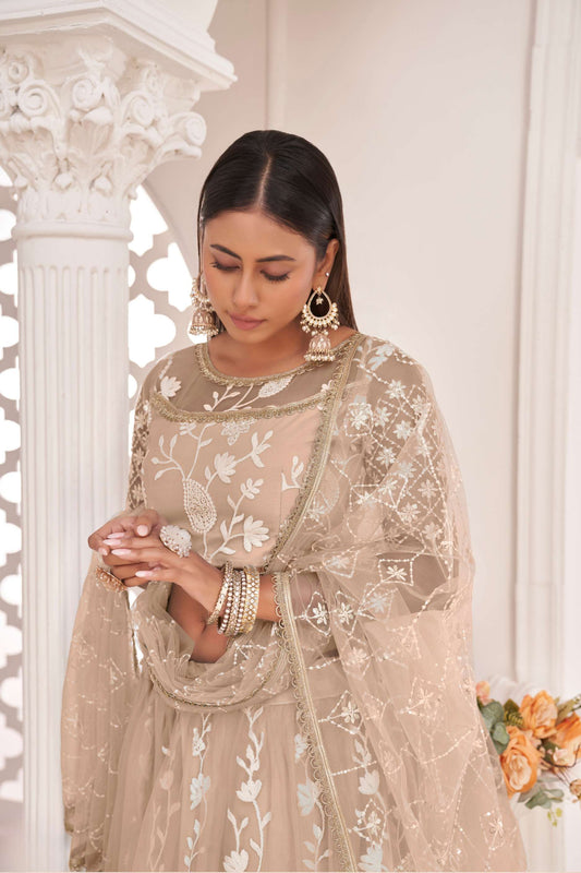 Beige Net Lehenga Choli in Sequins Embroidery