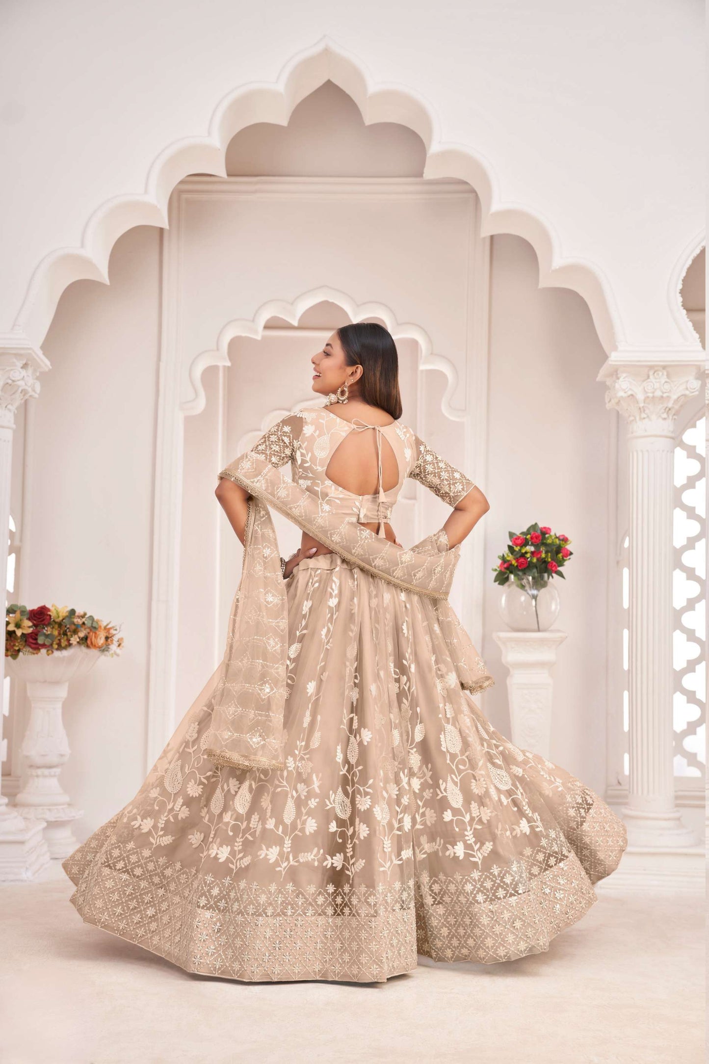 Beige Net Lehenga Choli in Sequins Embroidery