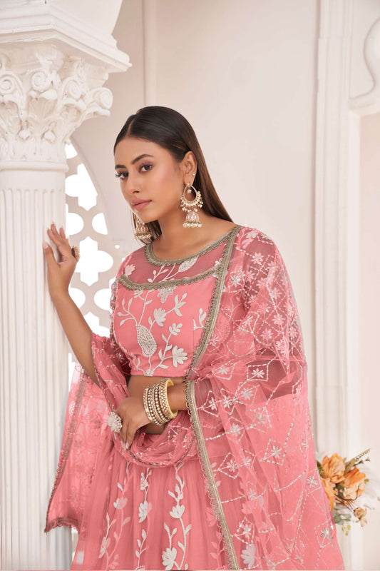 Pink Traditional Embroidered Net Lehenga Choli