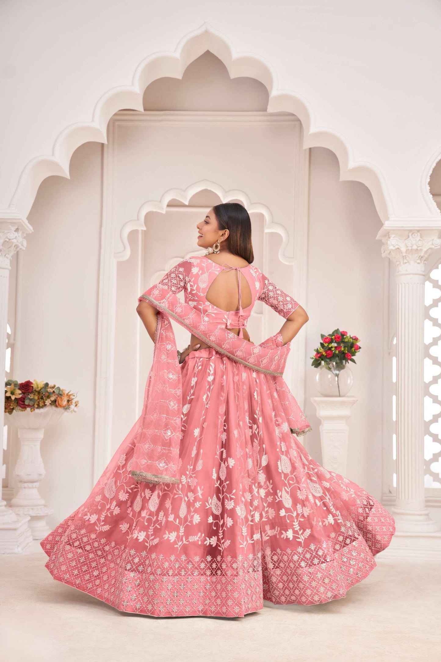 Pink Traditional Embroidered Net Lehenga Choli