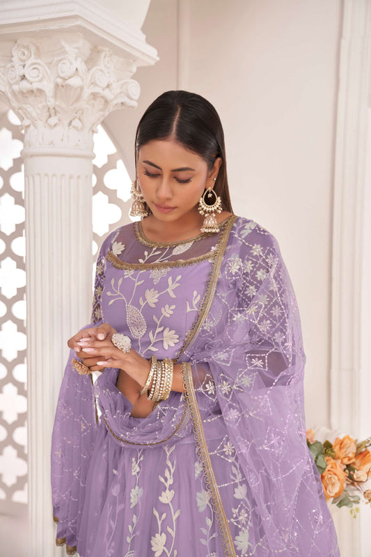 Lavender Traditional Embroidered Net Lehenga Choli