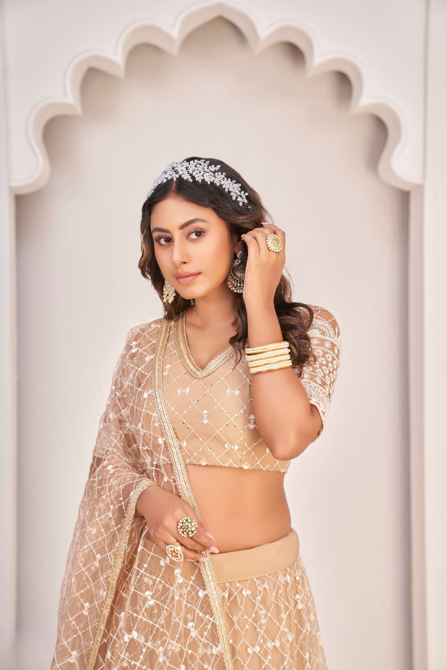 Beige Sequins Embroidered Net Lehenga Choli