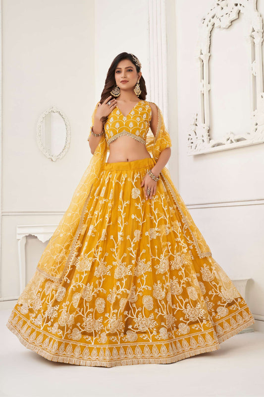 Yellow Embroidered Net Lehenga Choli Set
