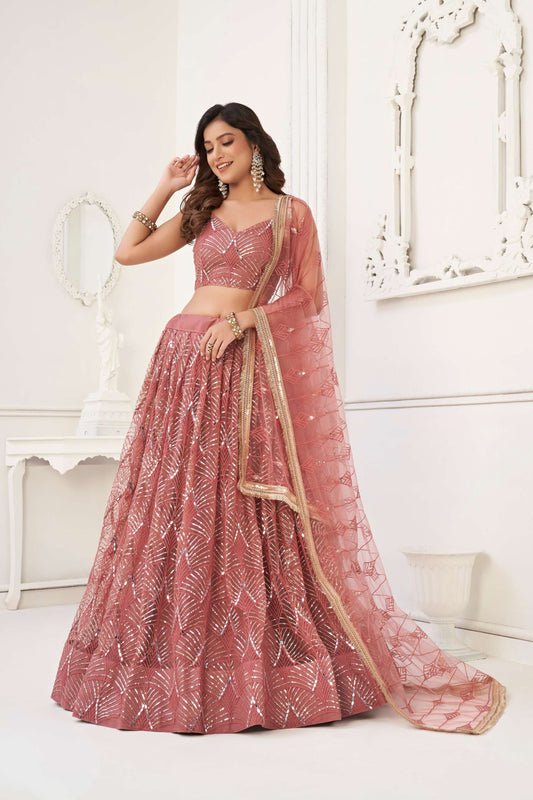 Dusty Pink Net Lehenga Choli in Sequins Embroidery