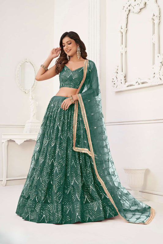 Bottle Green Sequins Work Lehenga Choli in Net