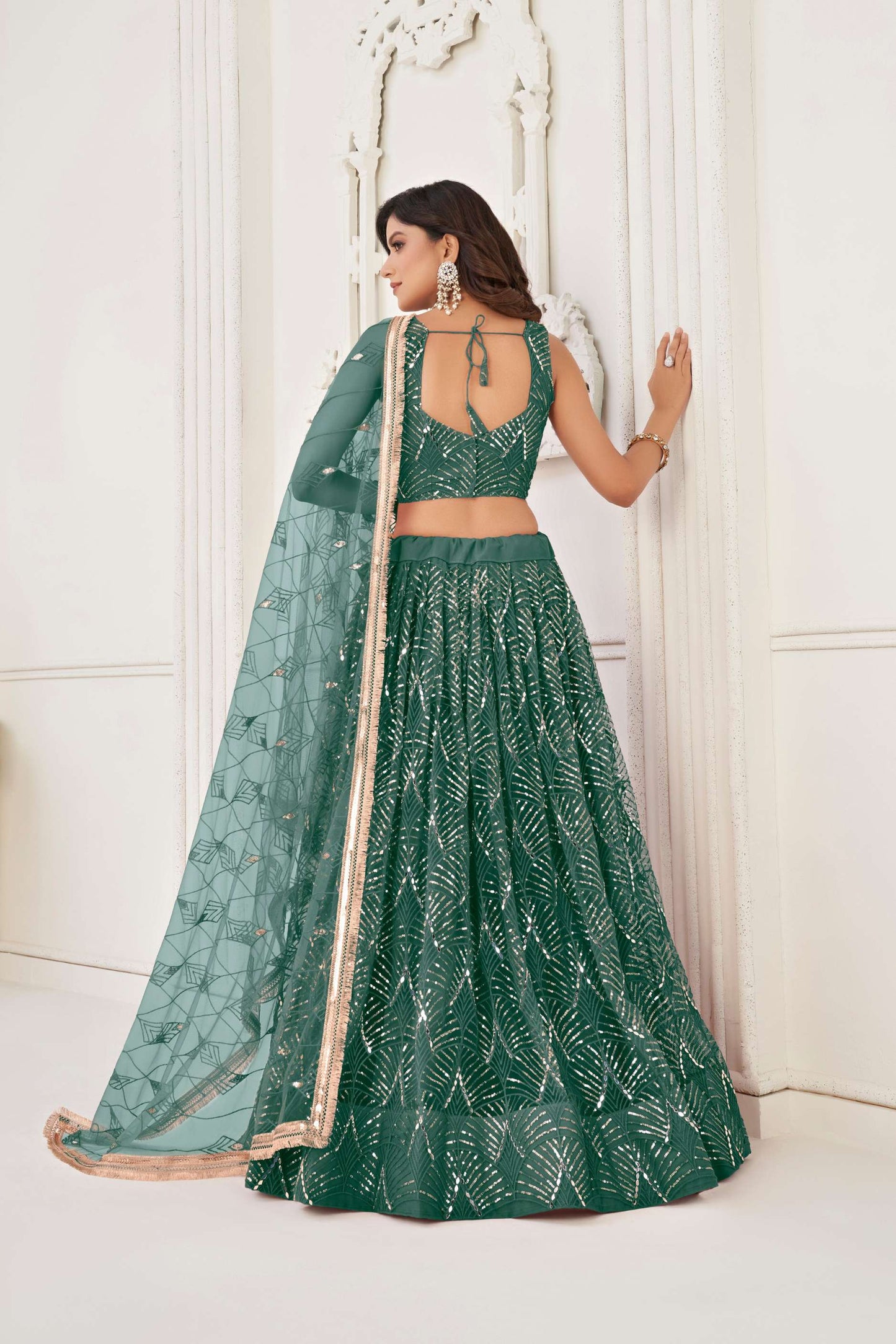 Bottle Green Sequins Work Lehenga Choli in Net