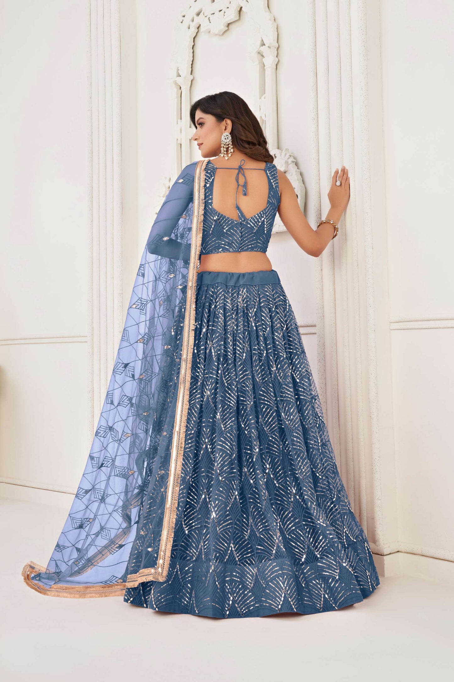 Blue Sequins Embellished Net Lehenga Choli & Dupatta