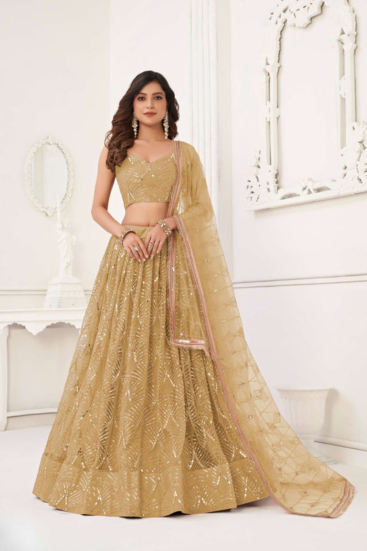 Beige Golden Sequin Embellished Net Lehenga Choli