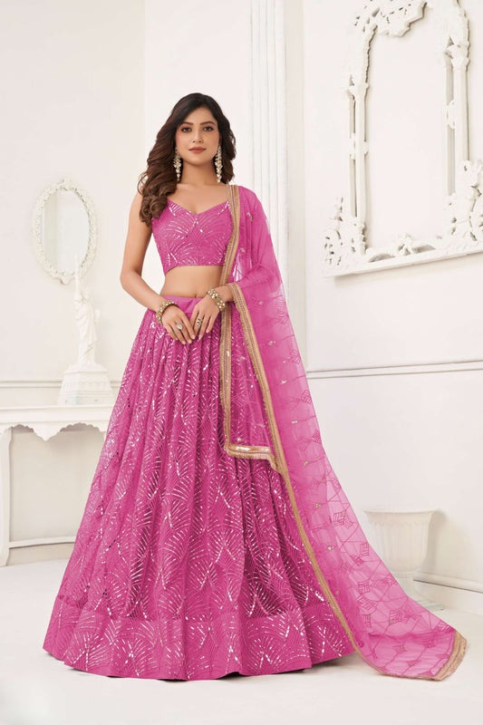 Salmon Pink Sequin Embellished Lehenga Choli in Net