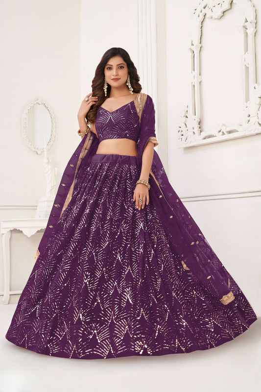 Purple Embroidered Lehenga Choli in Net