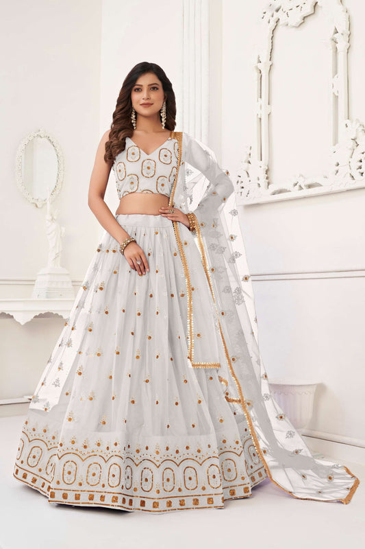 Off-White Traditional Embroidered Lehnega Choli