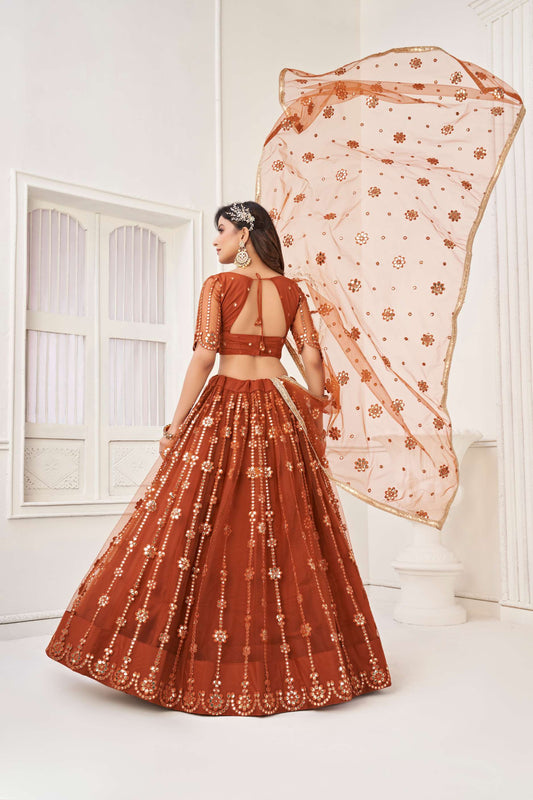 Brown Net Lehenga Choli in Sequins Embroidery