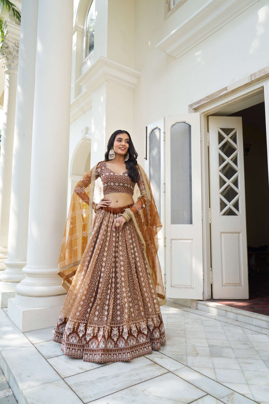 Brown Embroidered Net Lehenga Choli