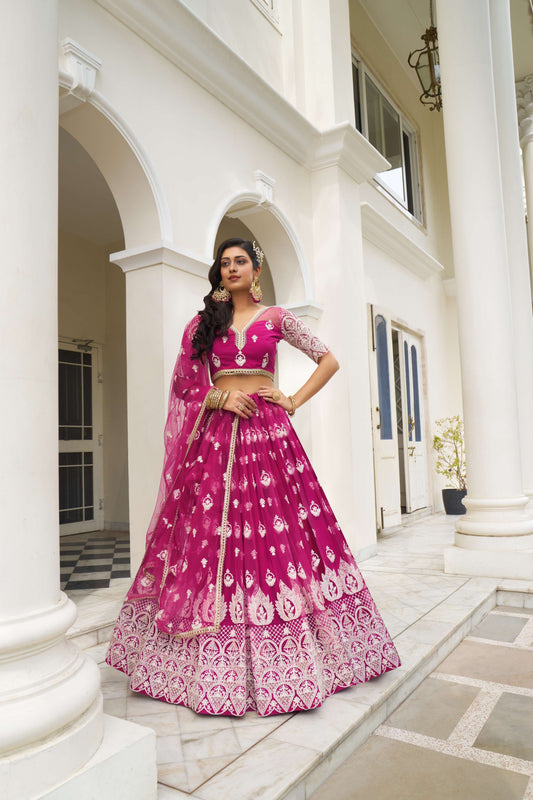 Pink Net Lehenga Choli In Thread Embroidary