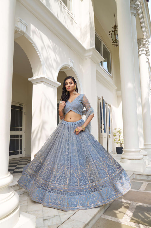 Grey Light Blue Thread Embroidered Lehenga Choli