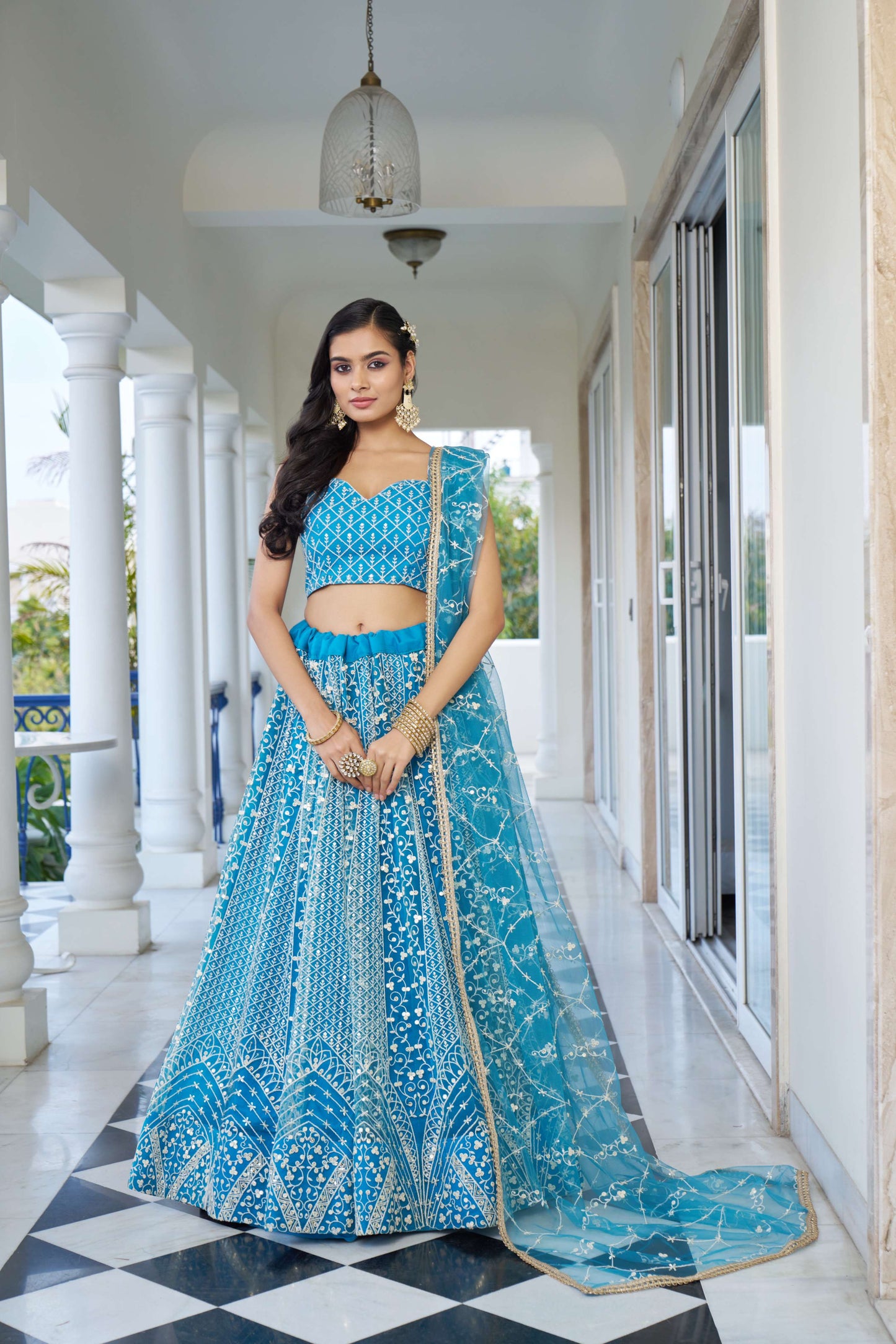 Blue Thread Embroidery Net Lehenga Choli