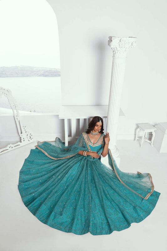 Turquoise Embroidered Net Lehenga Choli