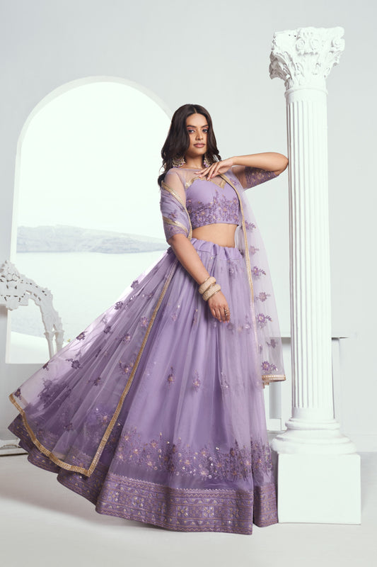 Lavender Embroidered Lehenga Choli in Net