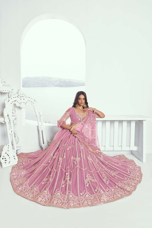 Pink Embroidered Party Wear Lehenga Choli