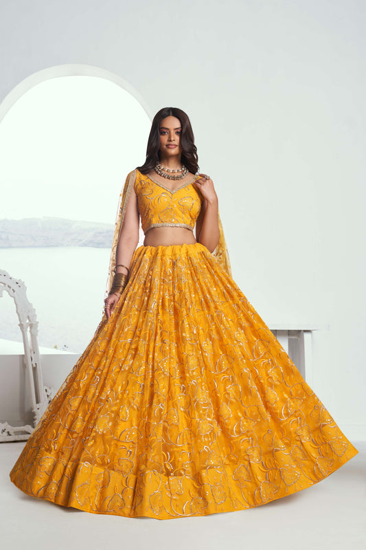 Yellow Embroidered Party Wear Lehenga Choli