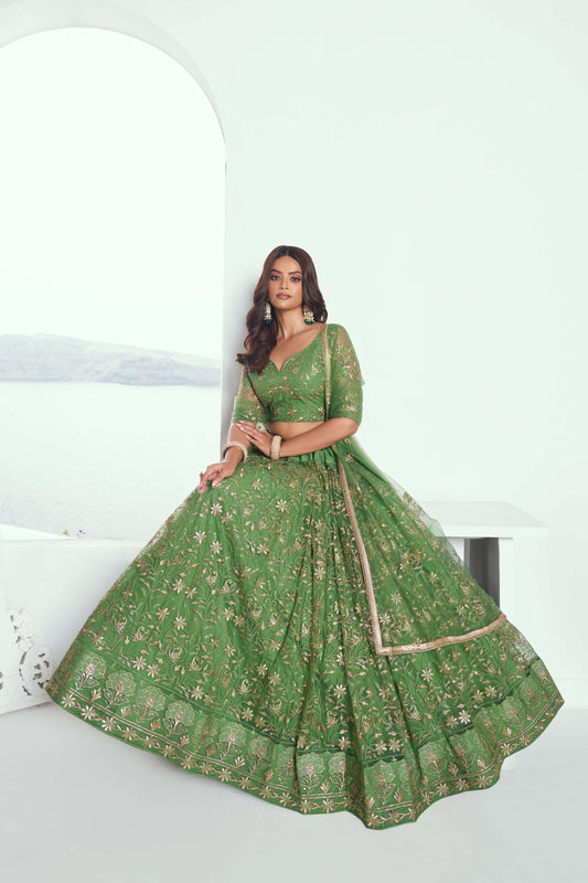Pista Green Embroidered Party wear Lehenga Choli