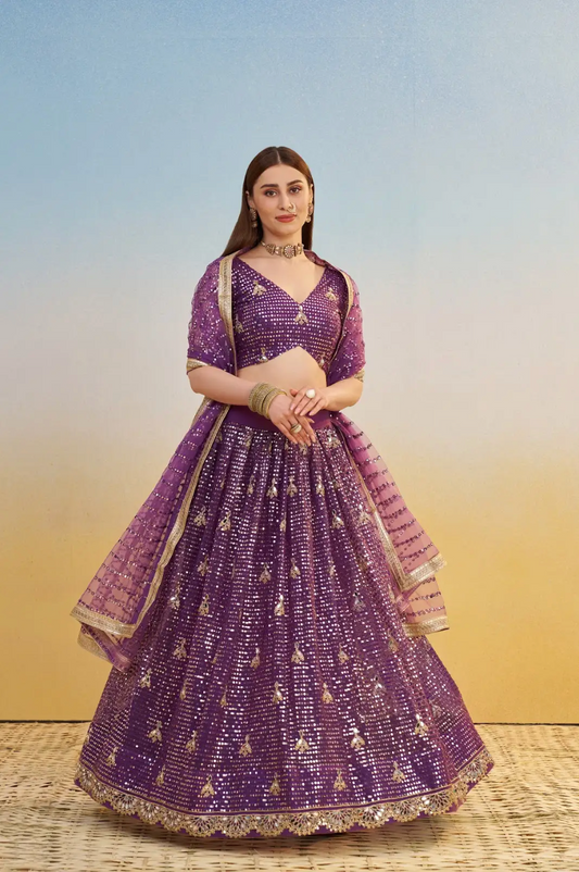 Purple Embroidered Lehenga Choli in Net