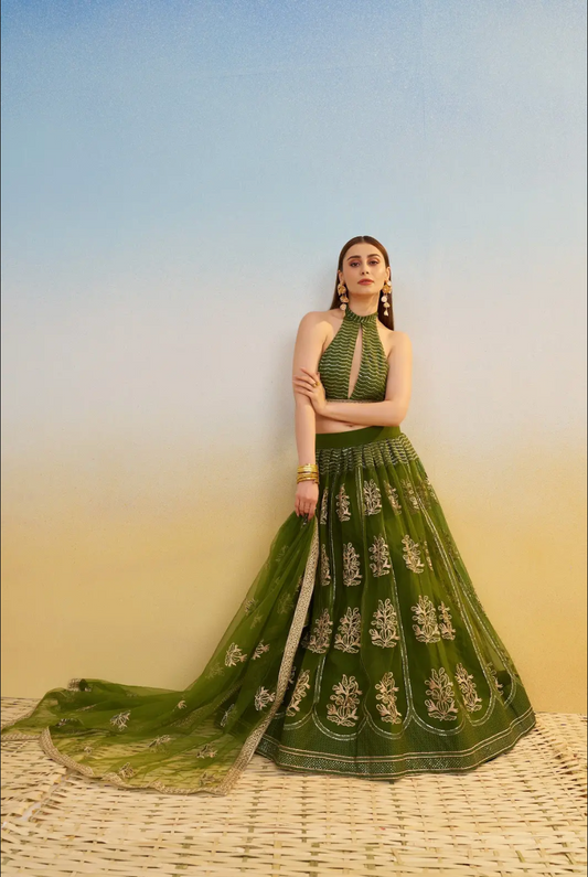 Green Embroidered Party wear Lehenga Choli
