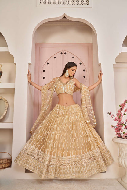 Beige Embroidered Net Lehenga Choli