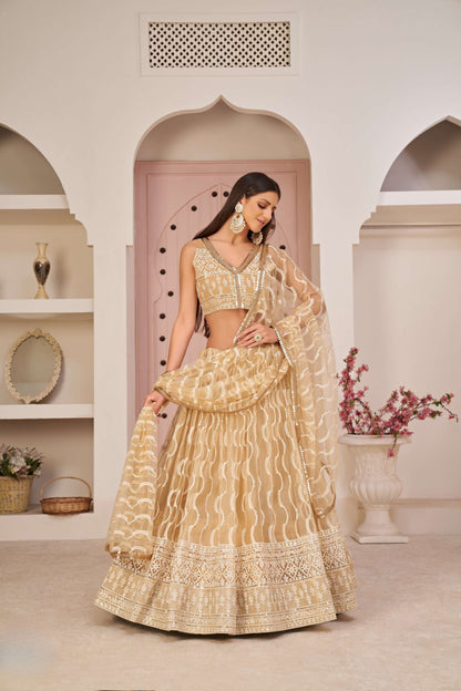 Beige Embroidered Net Lehenga Choli