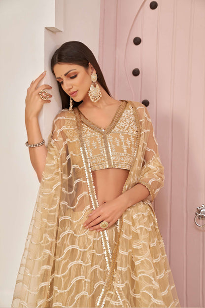Beige Embroidered Net Lehenga Choli