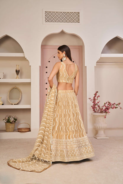 Beige Embroidered Net Lehenga Choli