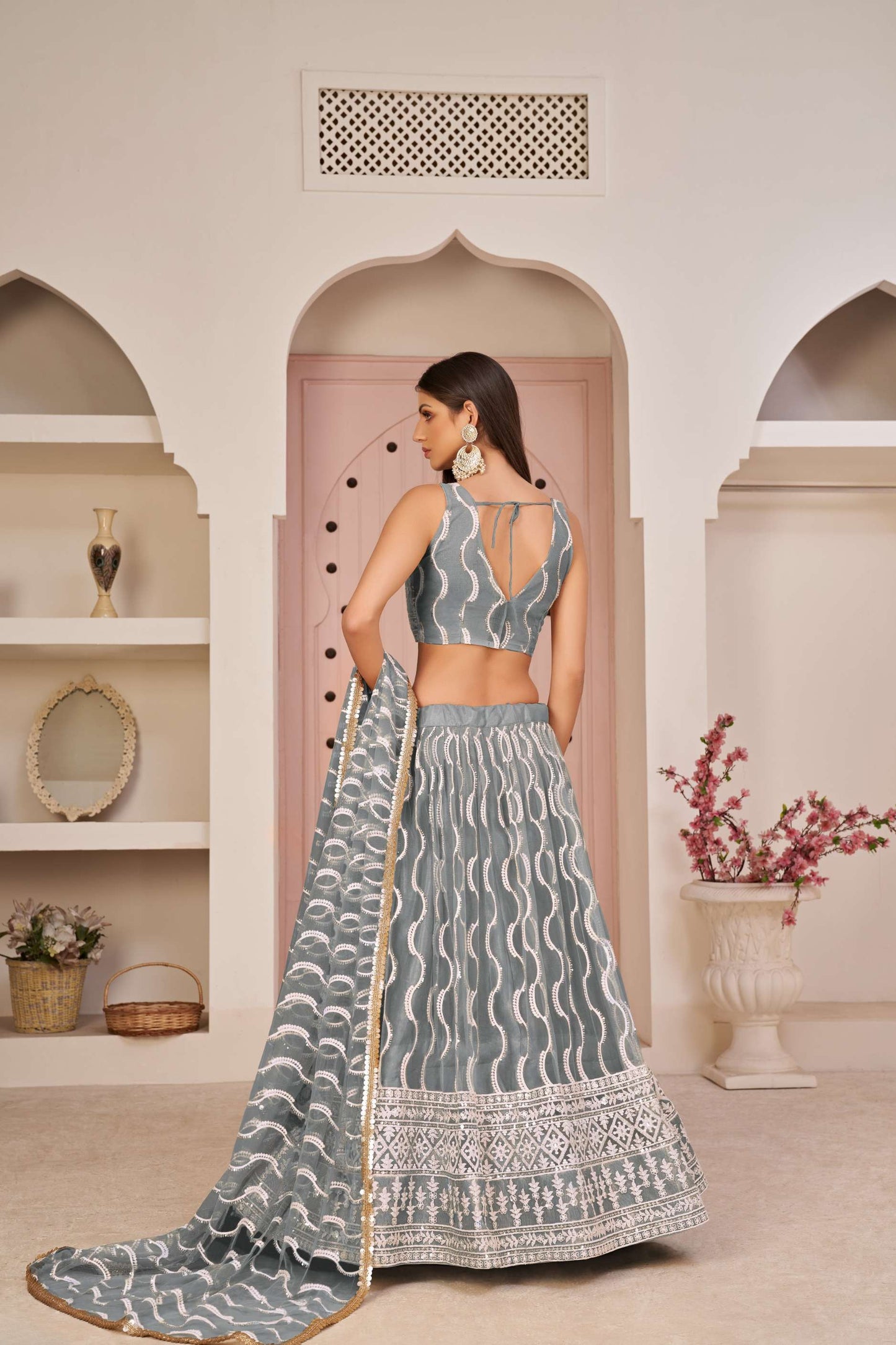 Grey Net Sequins Embellished Lehenga Choli