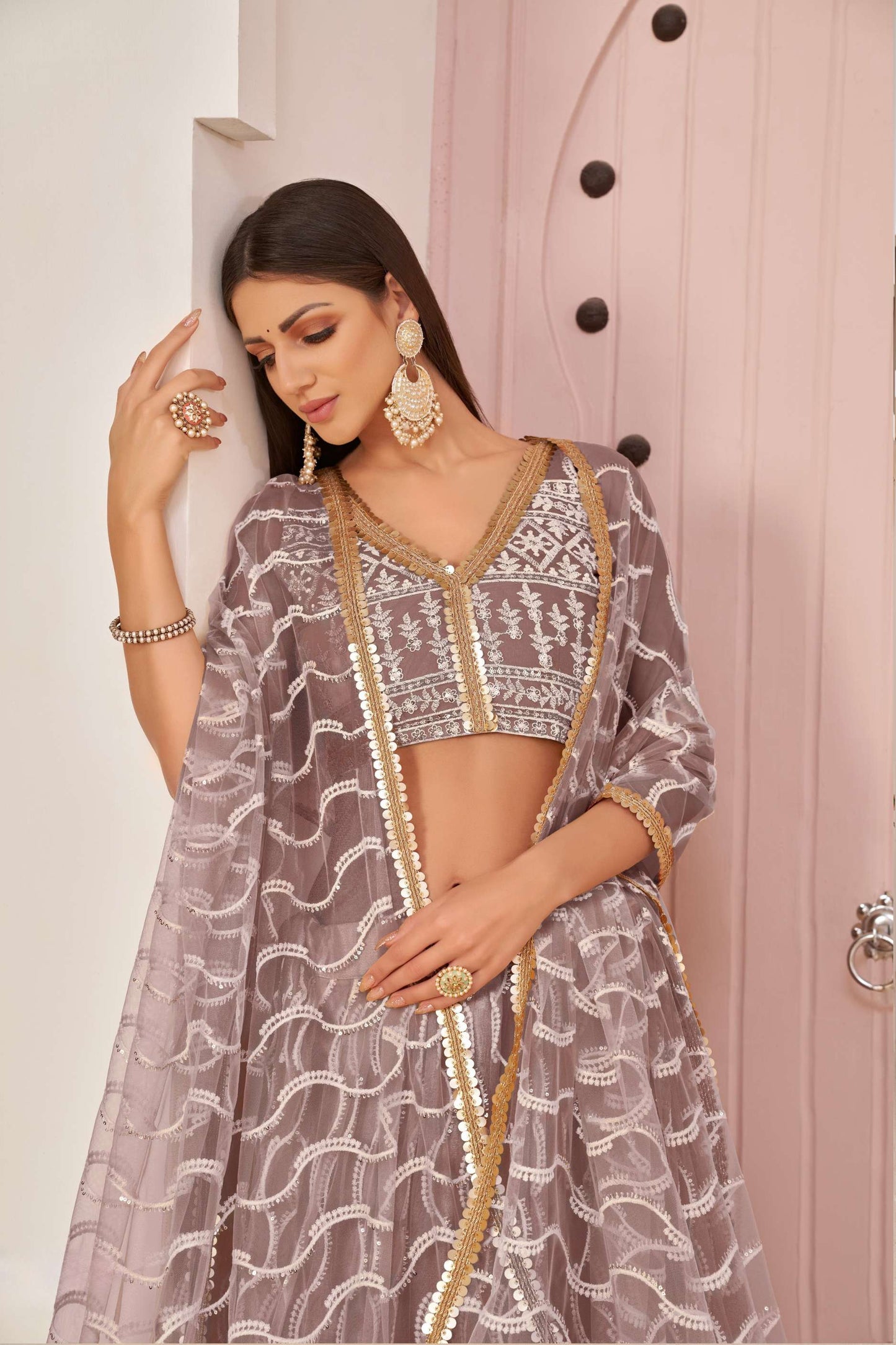 Pink Net Embroidered Lehenga Choli