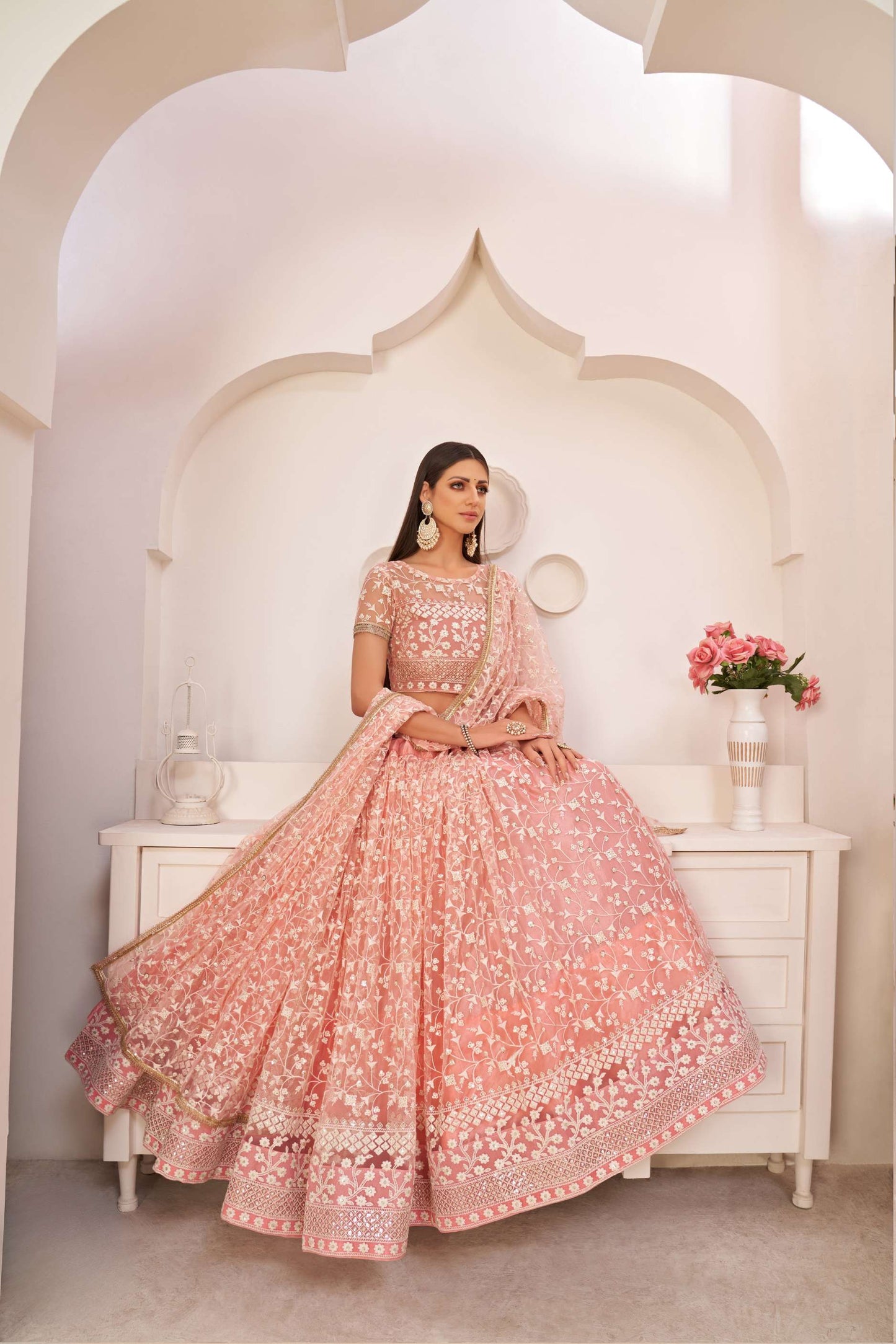 Pink Flared Lehenga Choli with Thread Embroidery