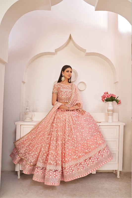Pink Flared Lehenga Choli with Thread Embroidery