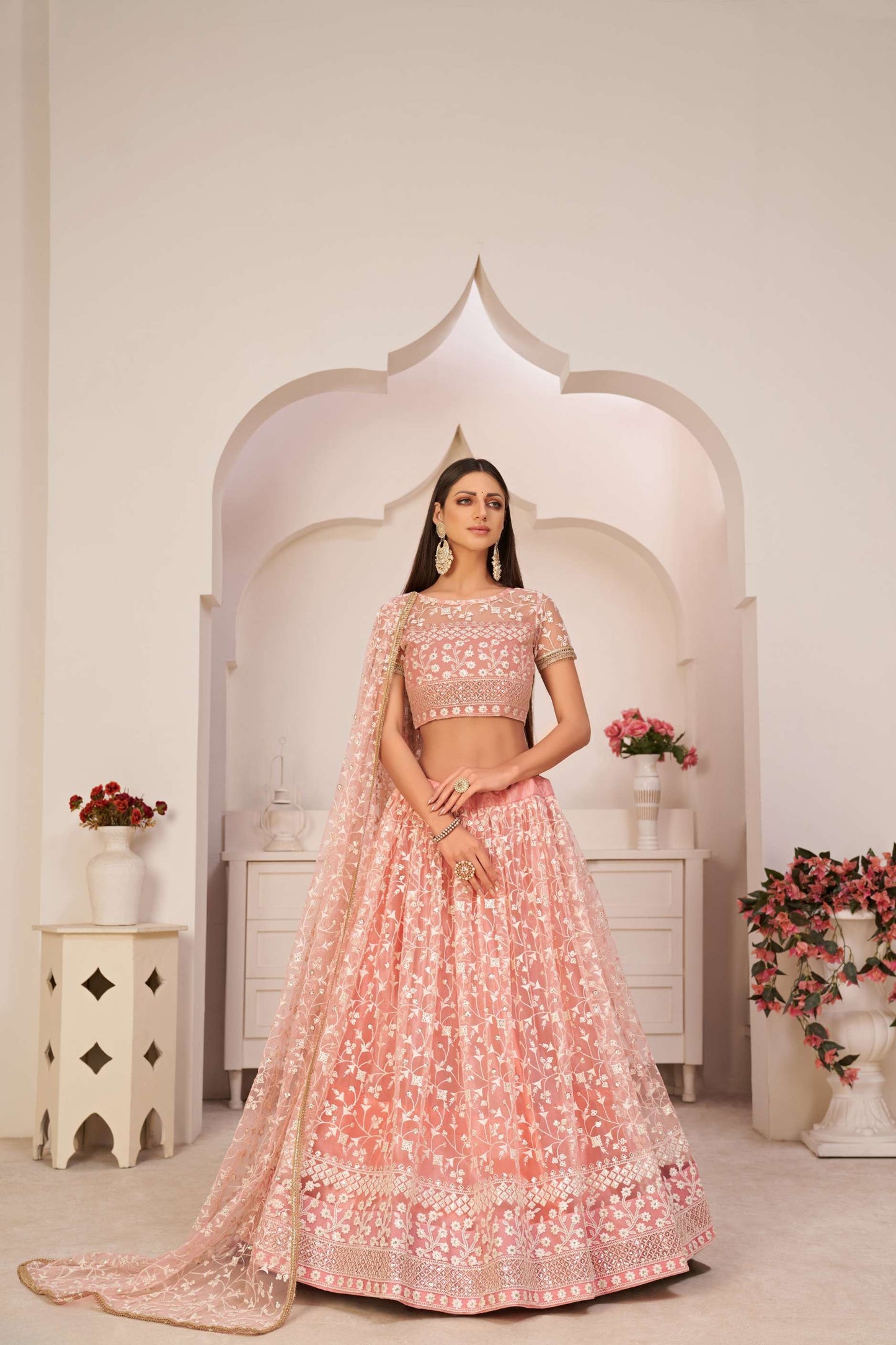 Pink Flared Lehenga Choli with Thread Embroidery