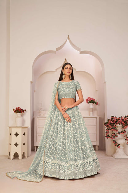 Turquoise Flared Lehenga Choli With Thread Embroidery