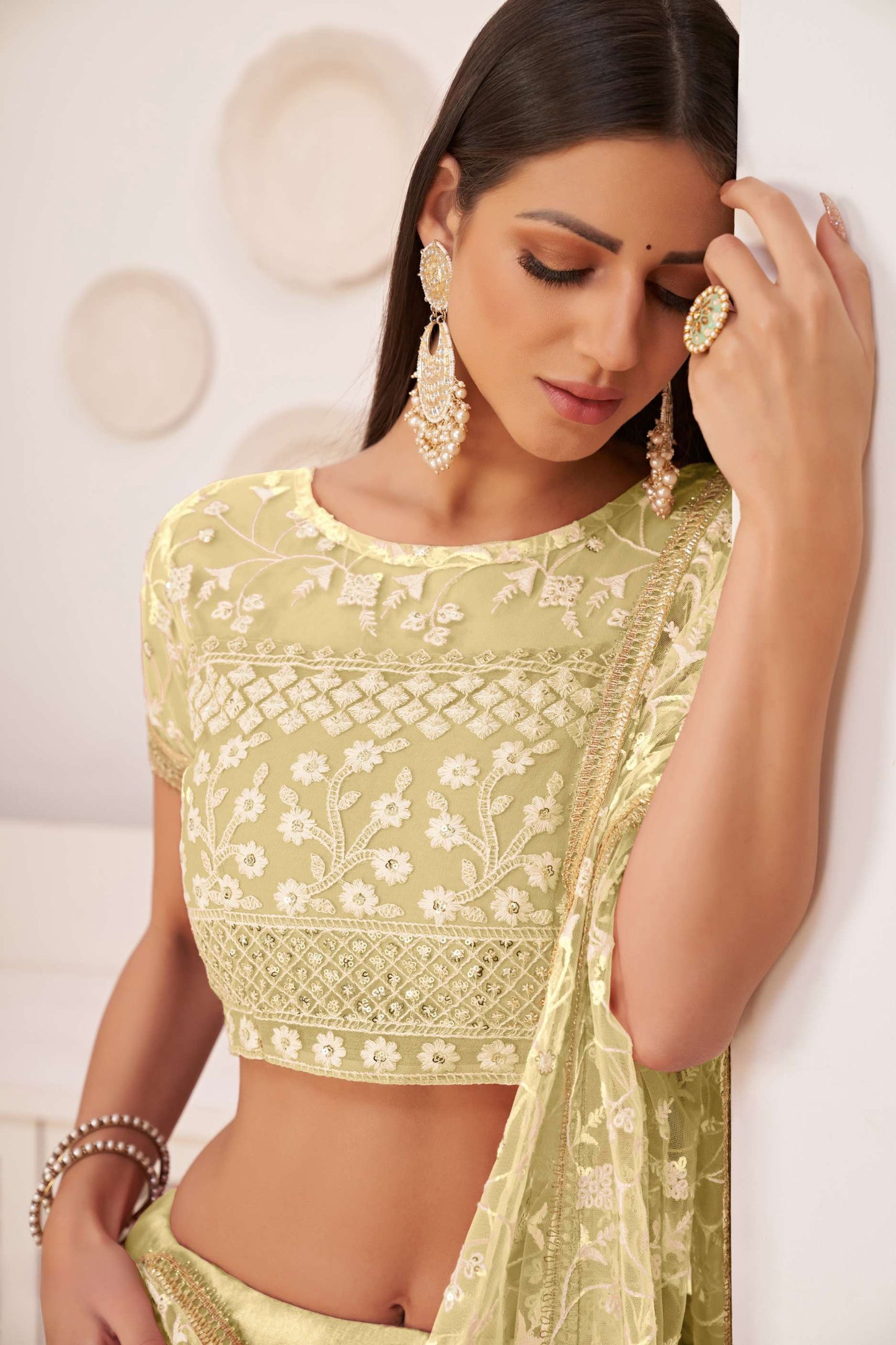 Lemon Yellow Flared Lehenga Choli With Thread Embroidery