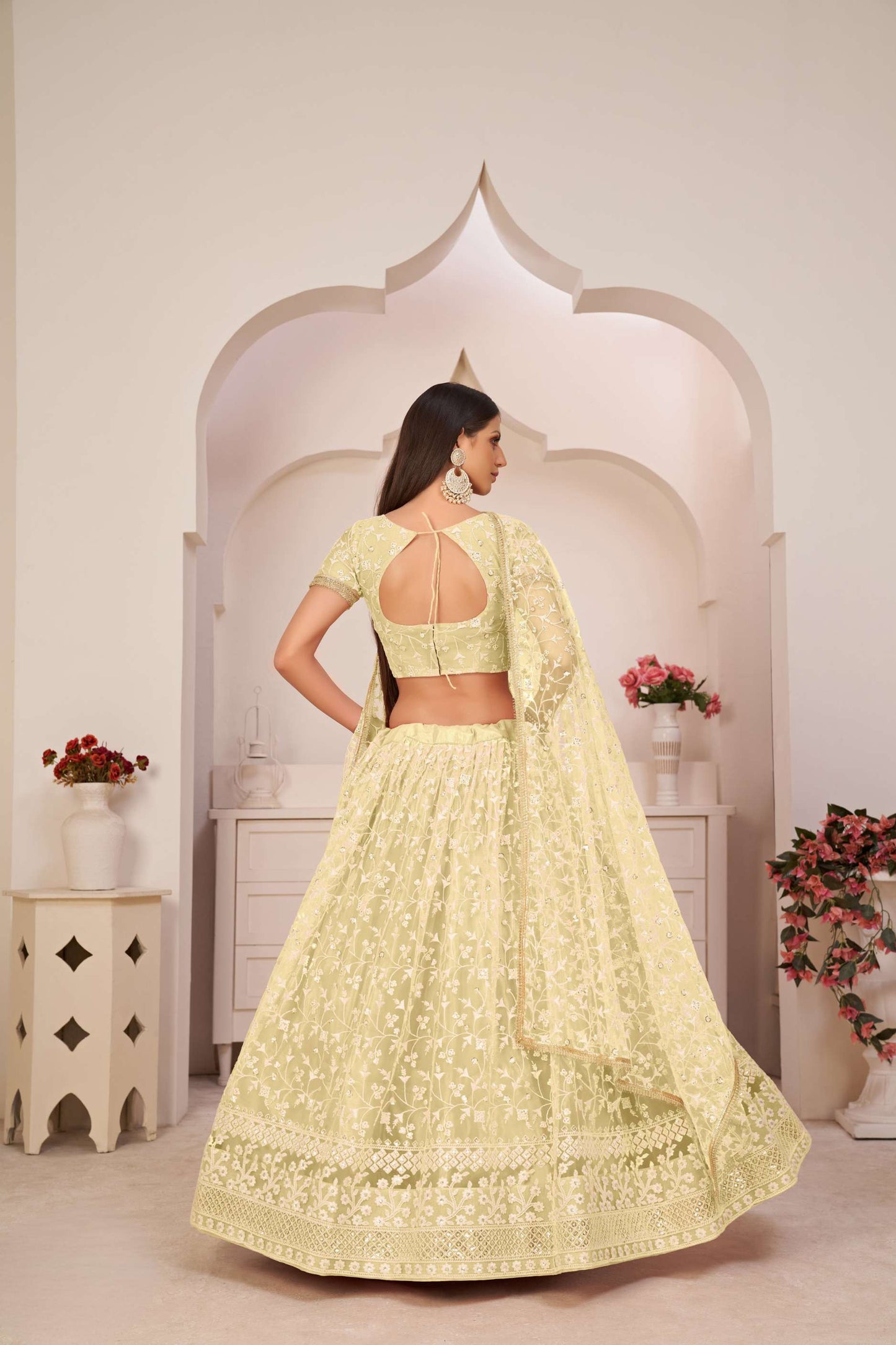 Lemon Yellow Flared Lehenga Choli With Thread Embroidery