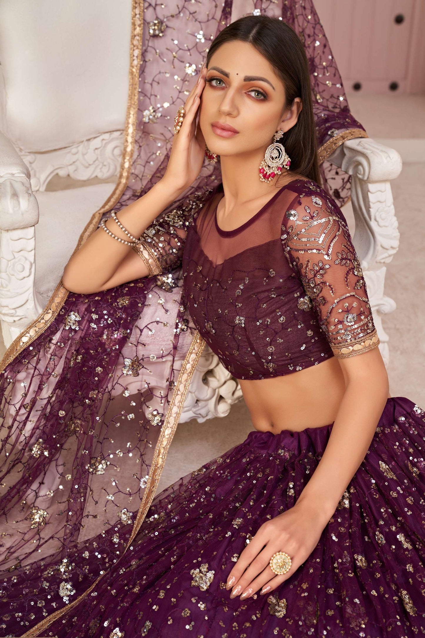 Wine Sequined Party wear Lehenga Choli